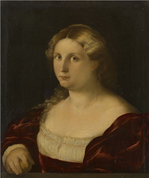 Portrait of a Lady, bust-length, in a white shirt and red dress, holding a piece of fruit by Jacopo Palma il Vecchio