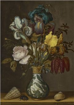 Irises, roses, fritillaries and forget-me-nots in a Wanli vase with two shells and a beetle on a ledge - Balthasar van der Ast