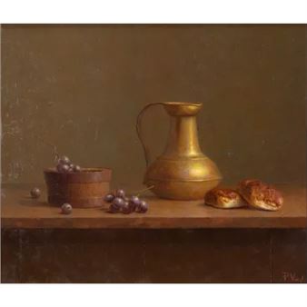 Stilleven met krentenbollen en koperen kan - Peer Verrijt