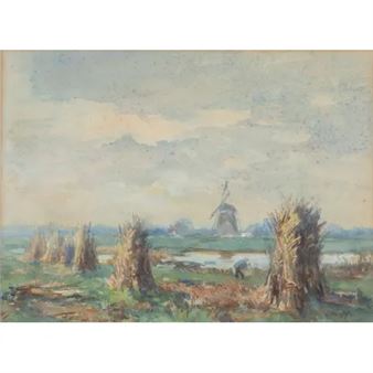 Landschap met korenschoven en molen - Willem Frederik Noordijk
