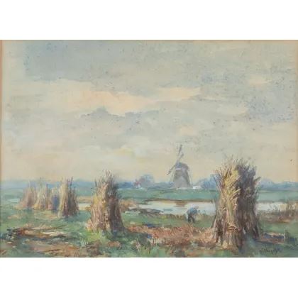 Landschap met korenschoven en molen - Willem Frederik Noordijk