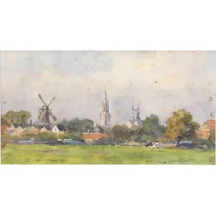 Artwork by Marinus Gidding, Gezicht op Delft, Made of watercolor