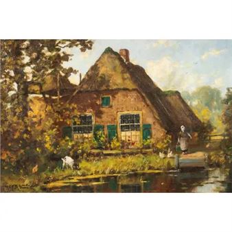 Boerderij met geitje, boerin en kippen - Martinus Jacobus Nefkens