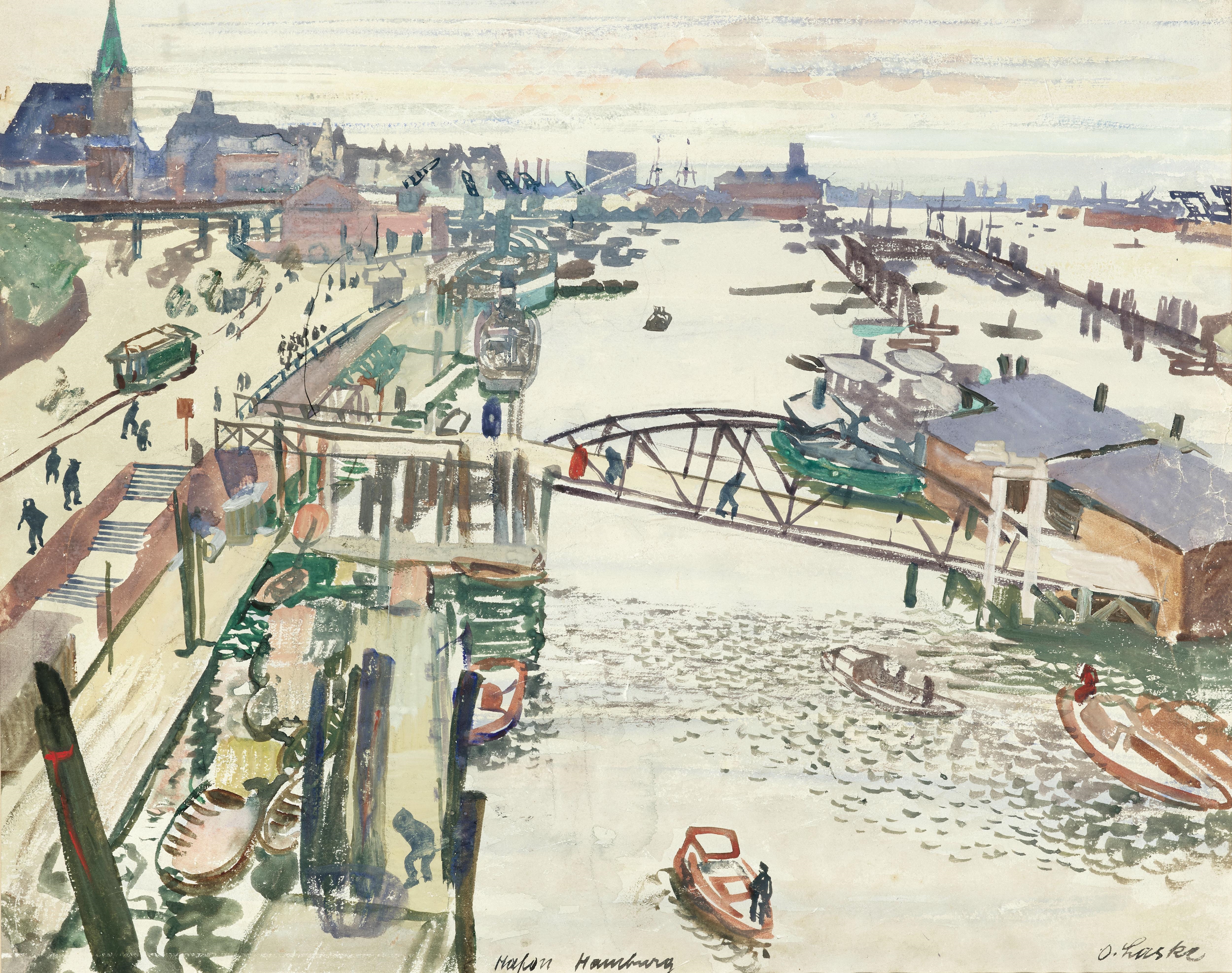 Artwork by Oskar Laske, Hafen Hamburg, Made of watercolor on paper