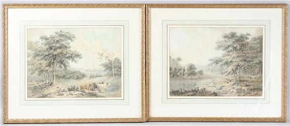 Landscapes with cattle and sheep, resting shepherd and drover - J. Phillips