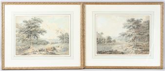 Landscapes with cattle and sheep, resting shepherd and drover - J. Phillips