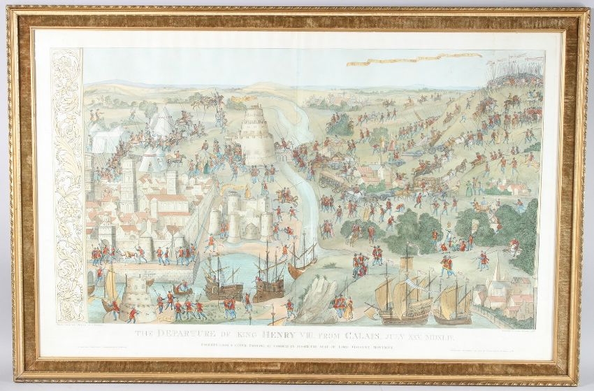 Artwork by James Basire, The Departure of King Henry VIII from Calais, Made of coloured engraving