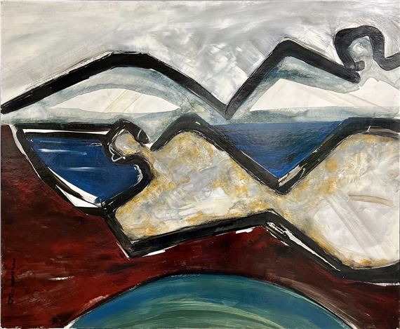 A bold, abstract landscape featuring jagged black outlines against a layered background of red, blue, and white.