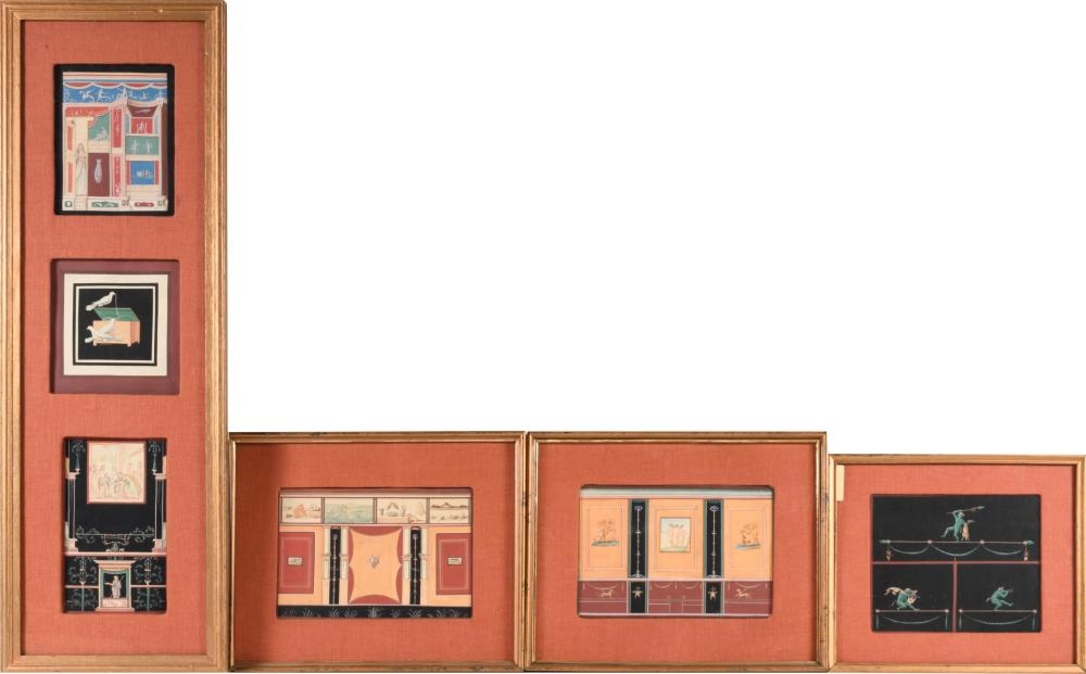 Artwork by Giacomo Lenghi, POMPEIAN FRESCOES, Made of gouache paintings on paper, inspired by ancient Pompeian wall frescoes. Each panel reproduces decorative motifs and figural scenes typical of Roman domestic interiors, referencing archaeological discoveries preserved in sites such as Herculaneum and Pompeii., Gouache on paper