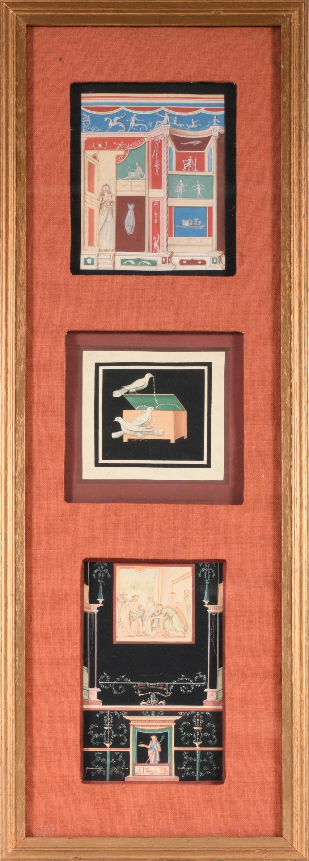 Artwork by Giacomo Lenghi, POMPEIAN FRESCOES, Made of gouache paintings on paper, inspired by ancient Pompeian wall frescoes. Each panel reproduces decorative motifs and figural scenes typical of Roman domestic interiors, referencing archaeological discoveries preserved in sites such as Herculaneum and Pompeii., Gouache on paper