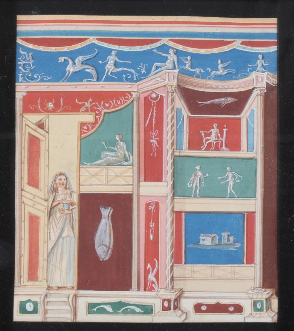 Artwork by Giacomo Lenghi, POMPEIAN FRESCOES, Made of gouache paintings on paper, inspired by ancient Pompeian wall frescoes. Each panel reproduces decorative motifs and figural scenes typical of Roman domestic interiors, referencing archaeological discoveries preserved in sites such as Herculaneum and Pompeii., Gouache on paper