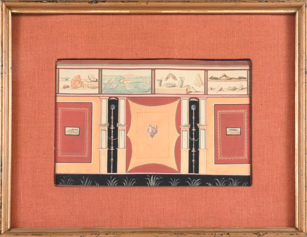 Artwork by Giacomo Lenghi, POMPEIAN FRESCOES, Made of gouache paintings on paper, inspired by ancient Pompeian wall frescoes. Each panel reproduces decorative motifs and figural scenes typical of Roman domestic interiors, referencing archaeological discoveries preserved in sites such as Herculaneum and Pompeii., Gouache on paper