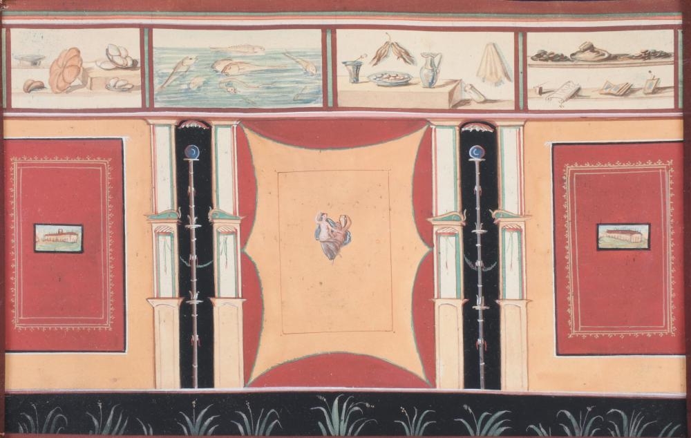 Artwork by Giacomo Lenghi, POMPEIAN FRESCOES, Made of gouache paintings on paper, inspired by ancient Pompeian wall frescoes. Each panel reproduces decorative motifs and figural scenes typical of Roman domestic interiors, referencing archaeological discoveries preserved in sites such as Herculaneum and Pompeii., Gouache on paper