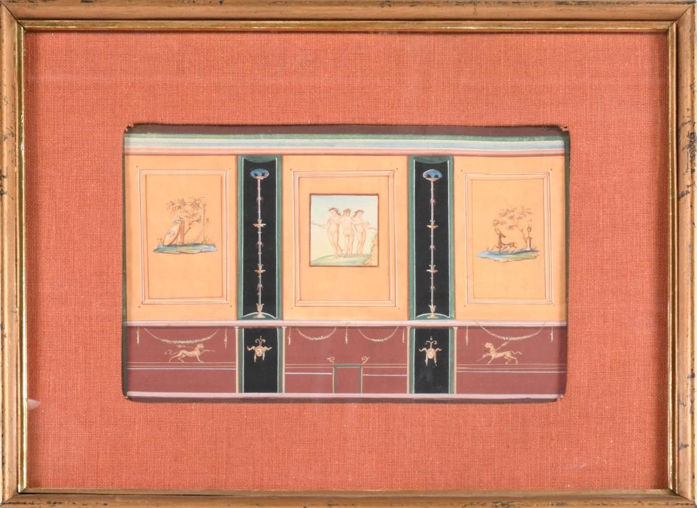 Artwork by Giacomo Lenghi, POMPEIAN FRESCOES, Made of gouache paintings on paper, inspired by ancient Pompeian wall frescoes. Each panel reproduces decorative motifs and figural scenes typical of Roman domestic interiors, referencing archaeological discoveries preserved in sites such as Herculaneum and Pompeii., Gouache on paper