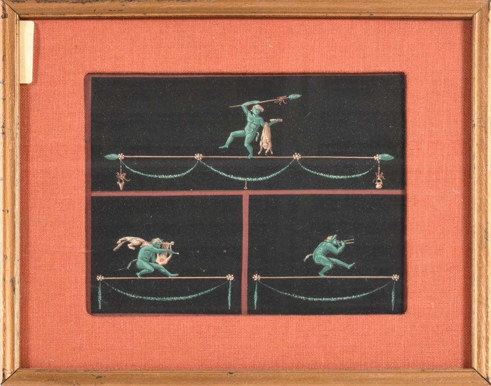 Artwork by Giacomo Lenghi, POMPEIAN FRESCOES, Made of gouache paintings on paper, inspired by ancient Pompeian wall frescoes. Each panel reproduces decorative motifs and figural scenes typical of Roman domestic interiors, referencing archaeological discoveries preserved in sites such as Herculaneum and Pompeii., Gouache on paper