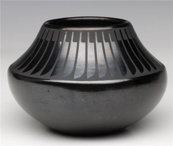 MARIA MARTINEZ (1887-1980) POLISHED JAR WITH FEATHERS by Maria Montoya Martinez, 1887