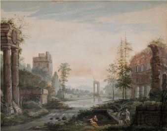 Strollers in Roman Ruins by a Lake - Gerrit Rademaker