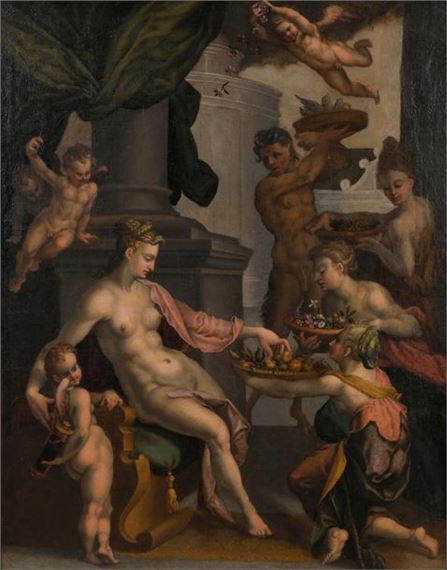 Venus honored by nymphs and a faun by Bartholomeus Spranger