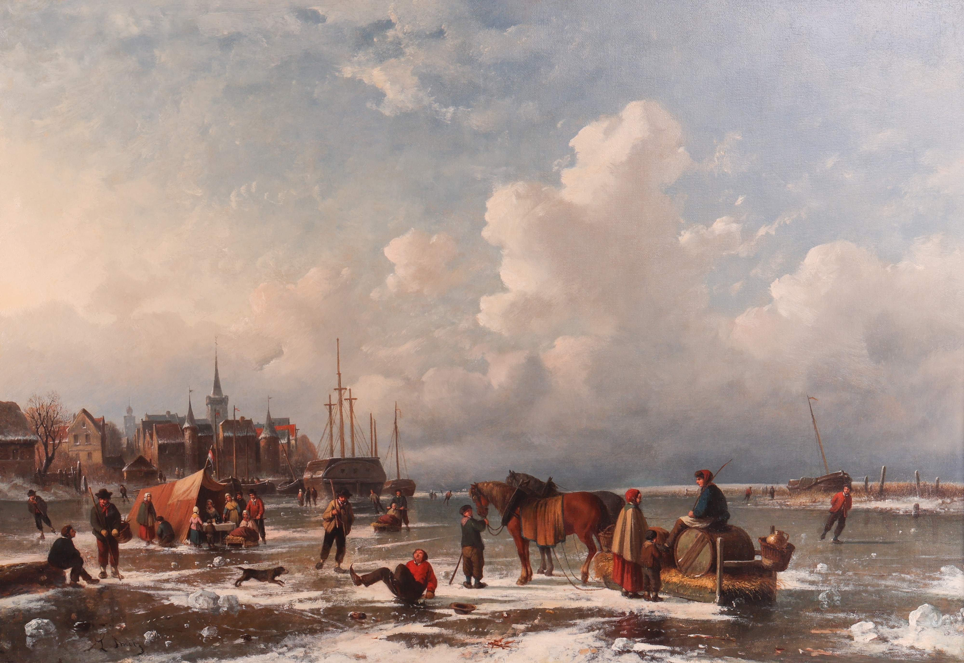 Artwork by Louis Smets, Winter Landscape with Frozen Pond and Skaters, Made of oil on canvas