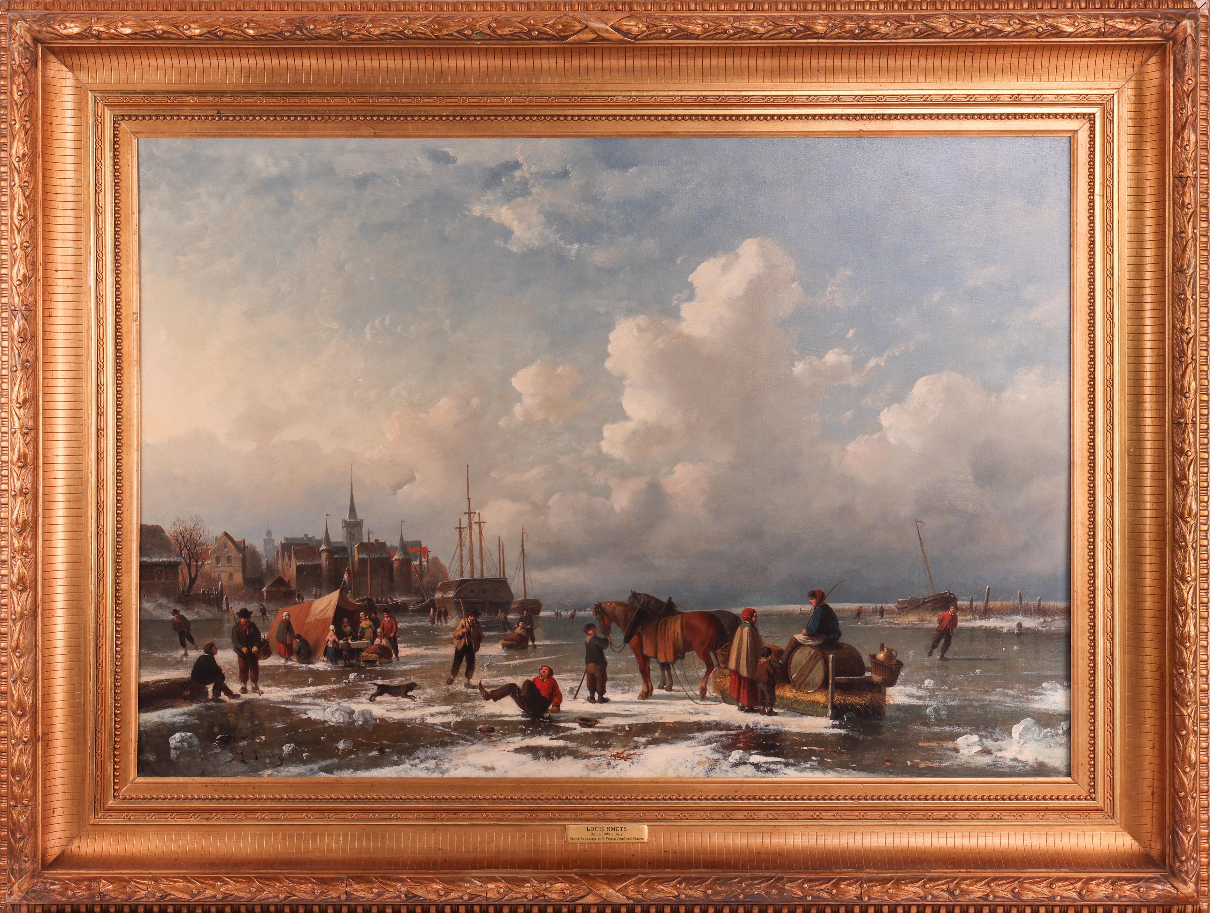 Artwork by Louis Smets, Winter Landscape with Frozen Pond and Skaters, Made of oil on canvas