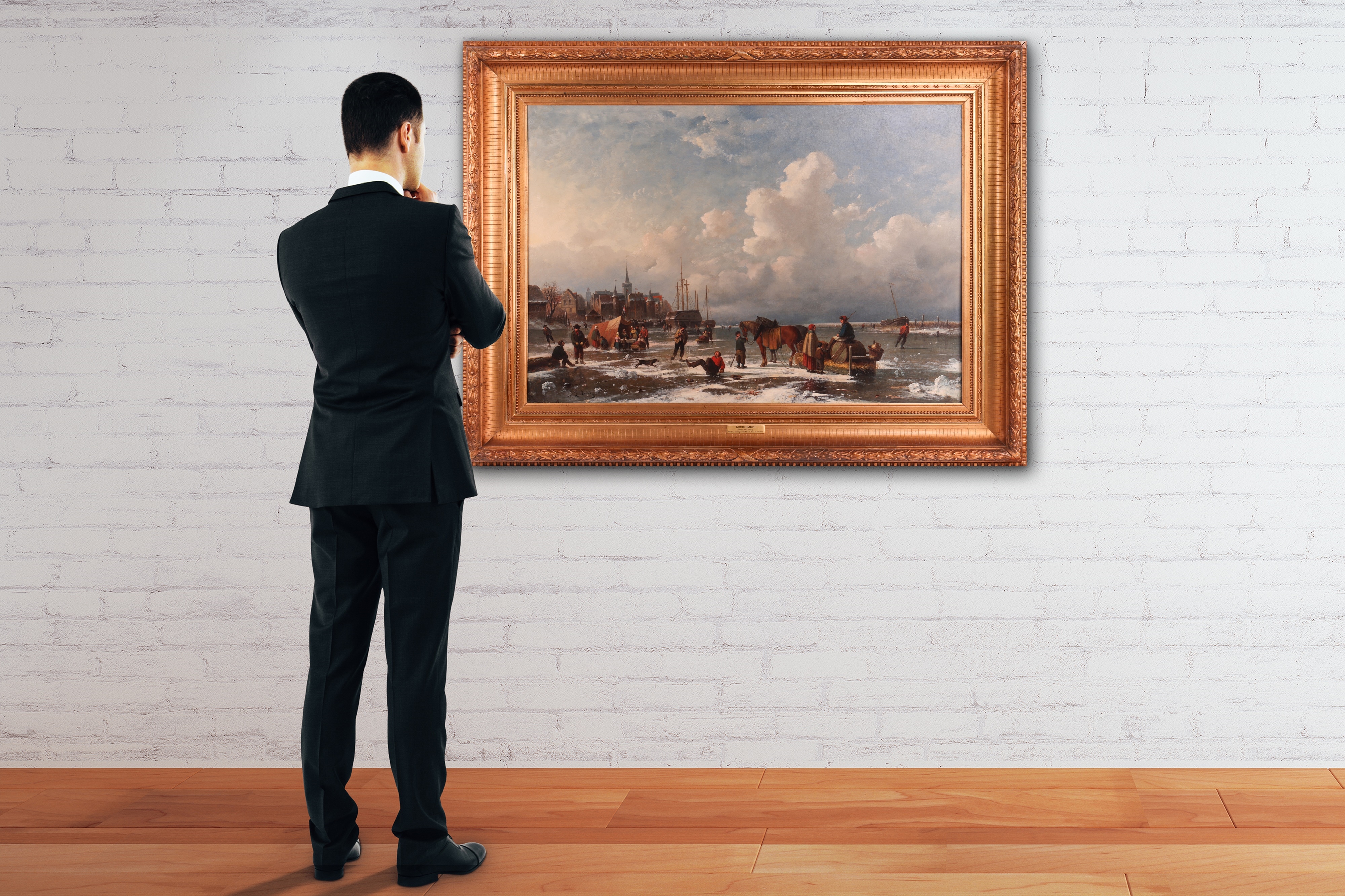 Artwork by Louis Smets, Winter Landscape with Frozen Pond and Skaters, Made of oil on canvas