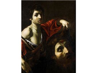 A dramatic Baroque painting depicting a muscular figure holding the severed head of another person.