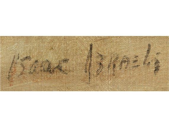 A close-up of a textured canvas surface featuring a dark, handwritten signature in cursive script.