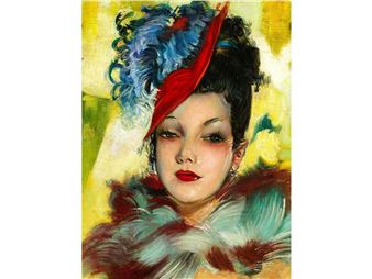ELEGANTE DAME MIT FEDERBOA - Jean-Gabriel Domergue