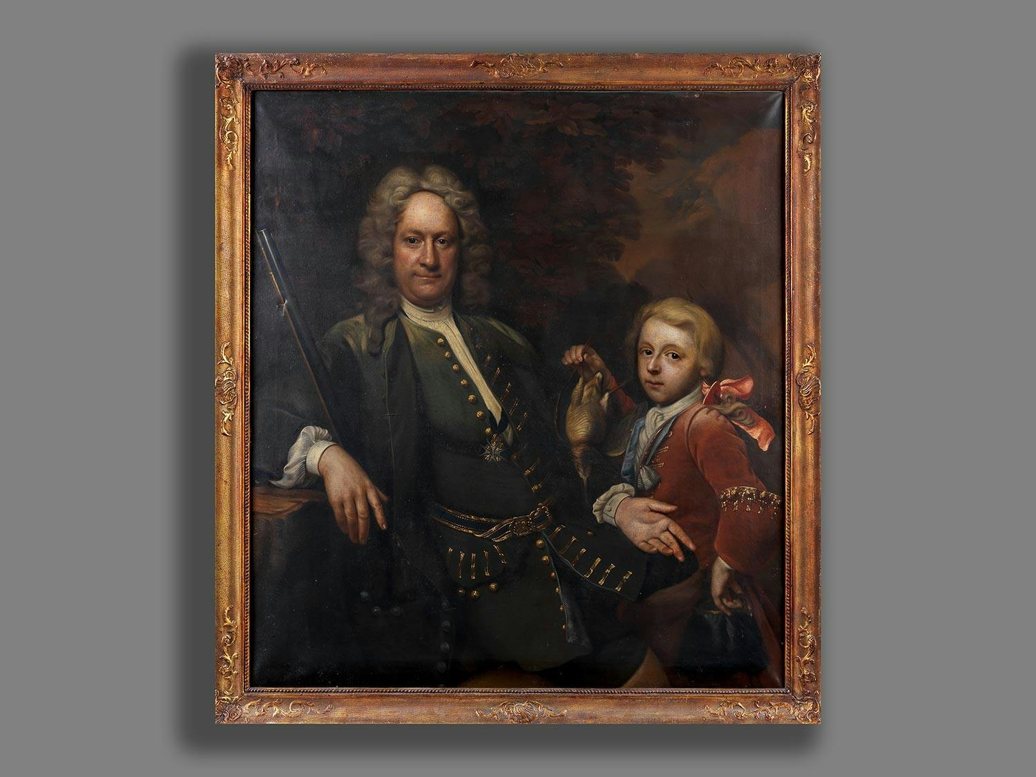 Artwork by Walther Schachinger, JAGDLICHES PORTRAIT DES JAMES FRYE II (1682-1741) UND SEINES SOHNES JAMES FRYE III (1710-1775, Made of oil on canvas