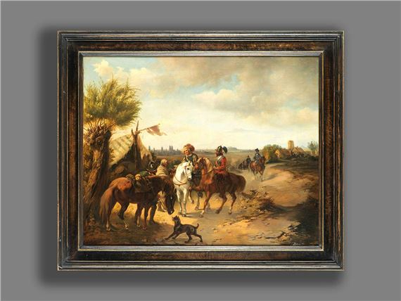 HEERFÜHRER MIT NACHFOLGENDEM TRUPP AN EINEM ZELT VOR DEN TOREN EINER STADT - Carl Adolph Heinrich Hess