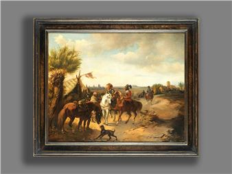 HEERFÜHRER MIT NACHFOLGENDEM TRUPP AN EINEM ZELT VOR DEN TOREN EINER STADT - Carl Adolph Heinrich Hess