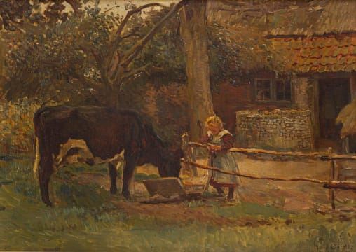 Farmyard Scene (Girl and Dairy Cow) by Frans Oerder