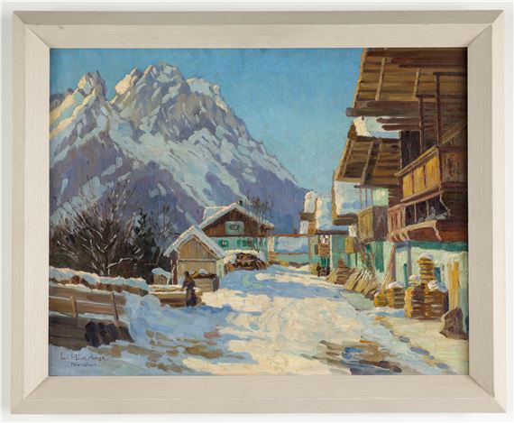 (Cahla/Thüringen 1863 geb.; später tätig in München) Winterliche Dorfstraße mit der Zugspitze by Lonny von Plänckner