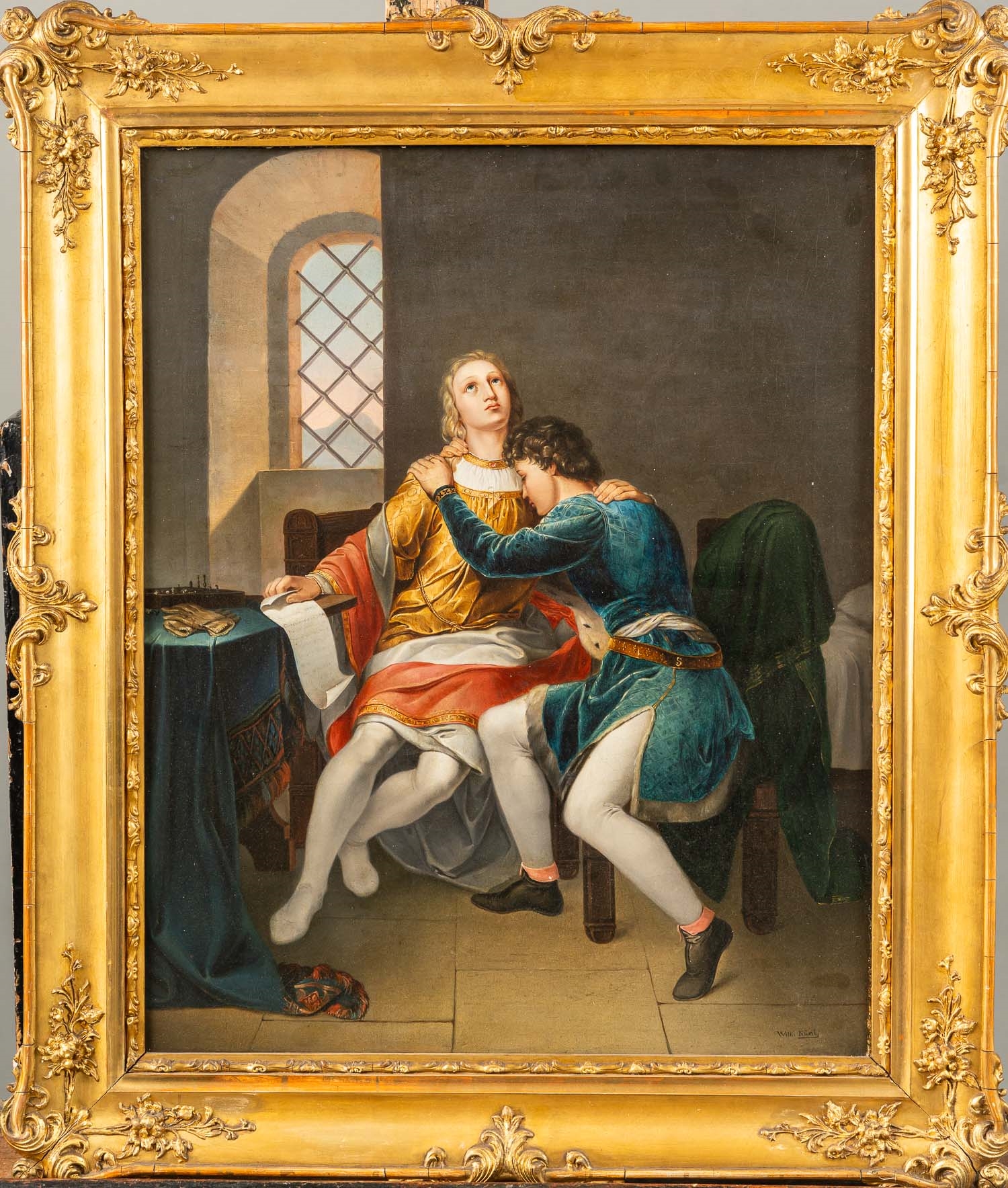 Artwork by Wilhelm Künl, Conradin von Schwaben getting his judgment. Oil on canvas. Framed. Signed bottom right. 52 x 42 cm. 300 - 600 EUR, Made of Oil on canvas