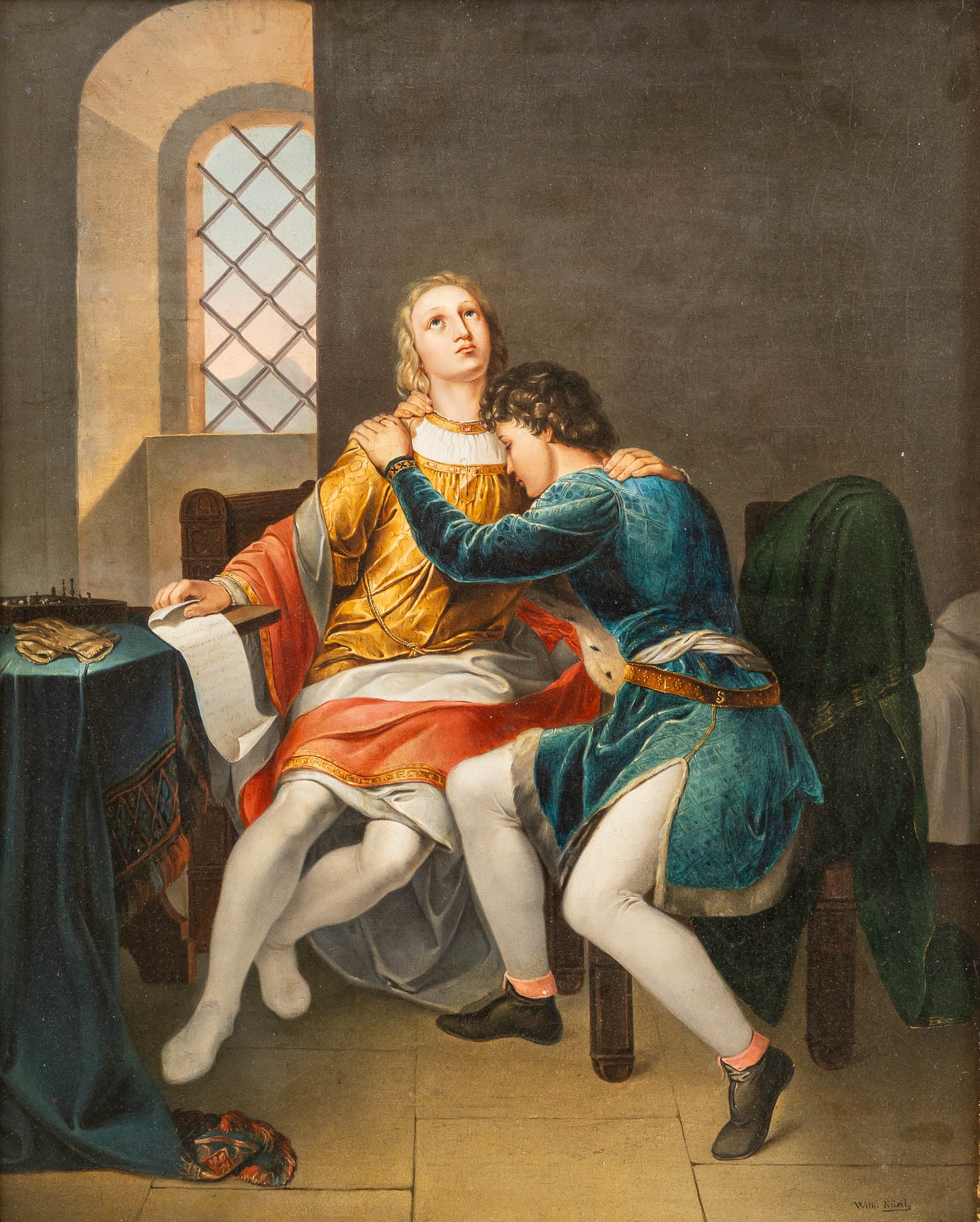 Artwork by Wilhelm Künl, Conradin von Schwaben getting his judgment. Oil on canvas. Framed. Signed bottom right. 52 x 42 cm. 300 - 600 EUR, Made of Oil on canvas