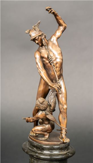 Mercur with Cupid. Bronze cast with original patina on later oval marble base. Referenz: Reduction of the Mercur Fountain Statue in Augsburg - Adriaen de Vries