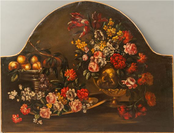 Michele Rocca | pair of large flower still lifes with fruits. Oil on ...
