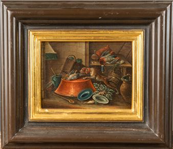 dog in the kitchen. Oil on wooden panel. Framed. 17 x 23 cm. 300 - 600 EUR - Josef Ferdinand Fromiller