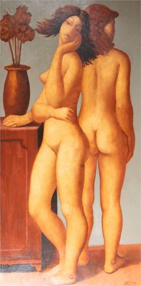 Deux nus féminins au bouquet de fleurs séchées