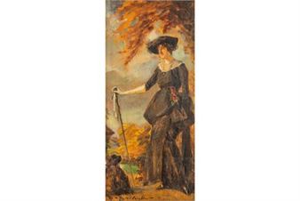 Vrouw met wandelstok en hond - Nestor Cambier