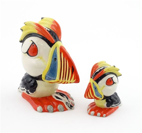Two Lorna Bailey models of Percy the Puffin. Both signed under. Largest approx. 6 1/2" high (2) by Lorna Bailey