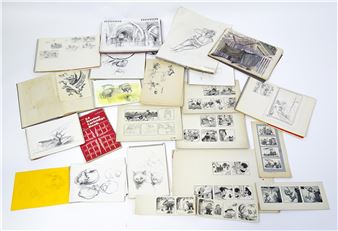 A collection of works by 20thC artist and illustrator Donald Myall, who studied at Colchester School of Art, comprising eight various cartoon illustrations for 'Pippin' and 'Ivor the Engine', etc. Together with a quantity of Myall's sketchbooks containing various watercolour, pencil drawings, pastels etc. to include landscapes, farm scenes, studies of boats, still life studies, farm animals, life drawings / nudes, cats and dogs, etc. - Donald Myall
