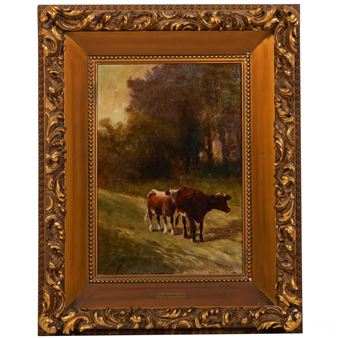Antique Pastoral Cows on Path Painting - F. Hougette