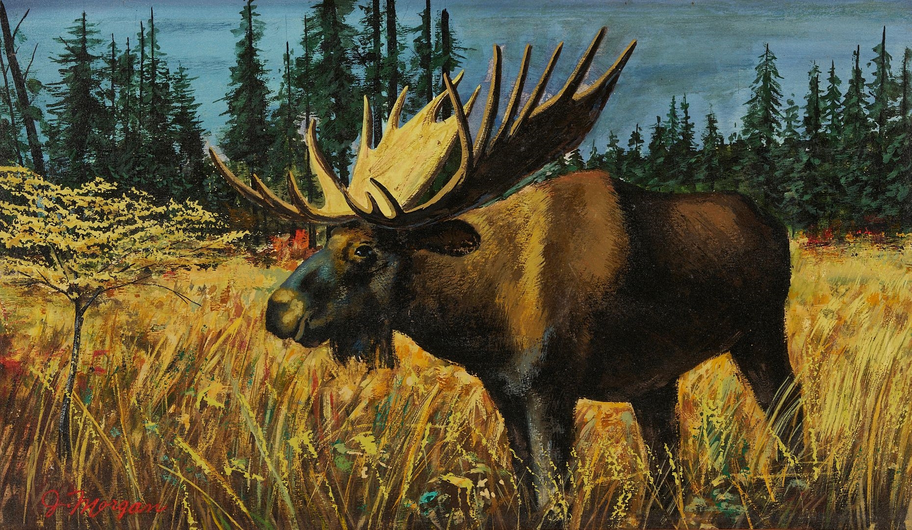 Artwork by Stephen Thomas, 2 Western Paintings Incl. Stephen Hennessy, Monterey Cypress & Moose, Made of Silvered Wood