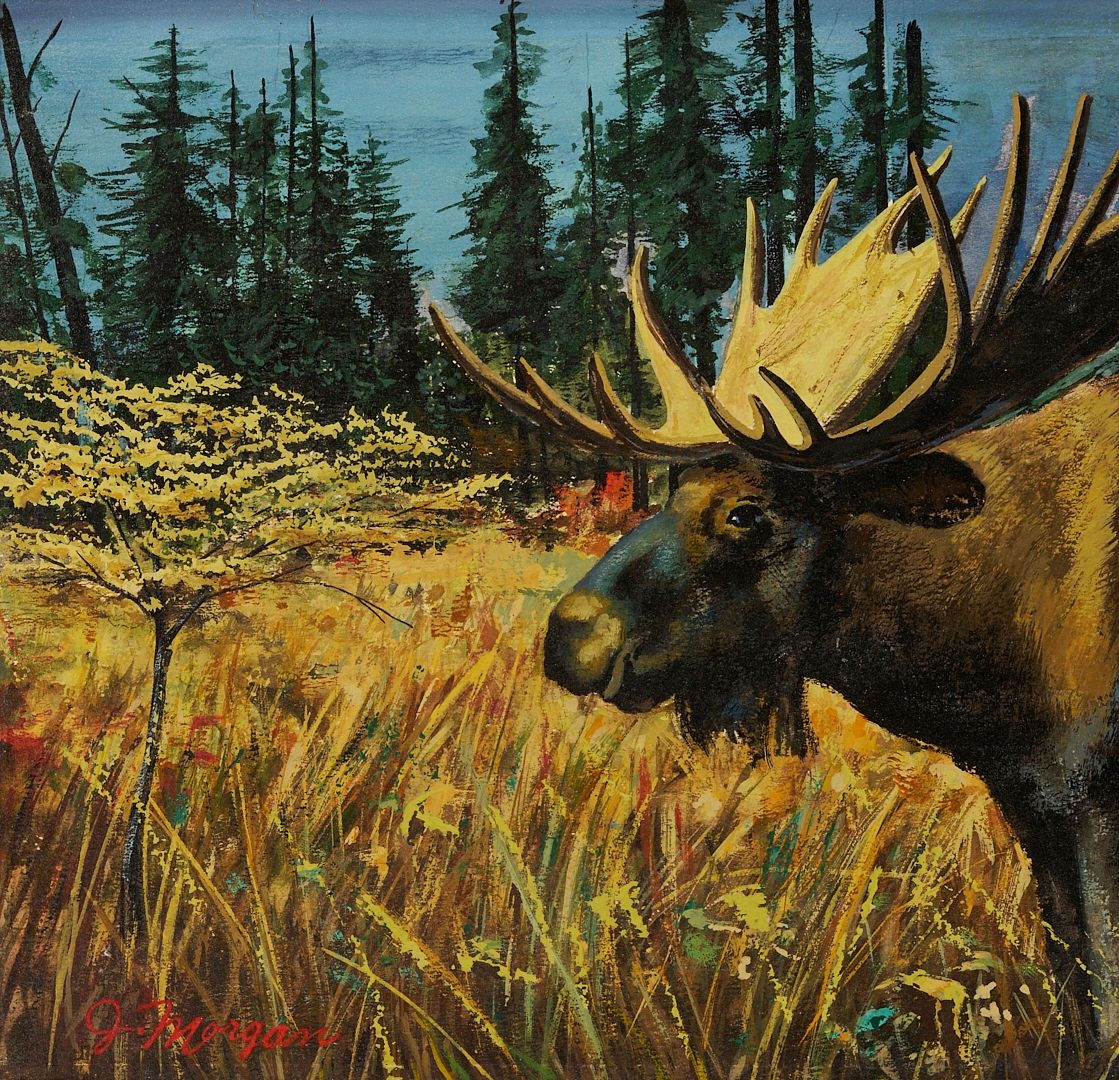 Artwork by Stephen Thomas, 2 Western Paintings Incl. Stephen Hennessy, Monterey Cypress & Moose, Made of Silvered Wood