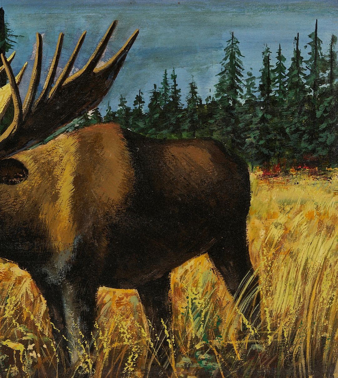 Artwork by Stephen Thomas, 2 Western Paintings Incl. Stephen Hennessy, Monterey Cypress & Moose, Made of Silvered Wood