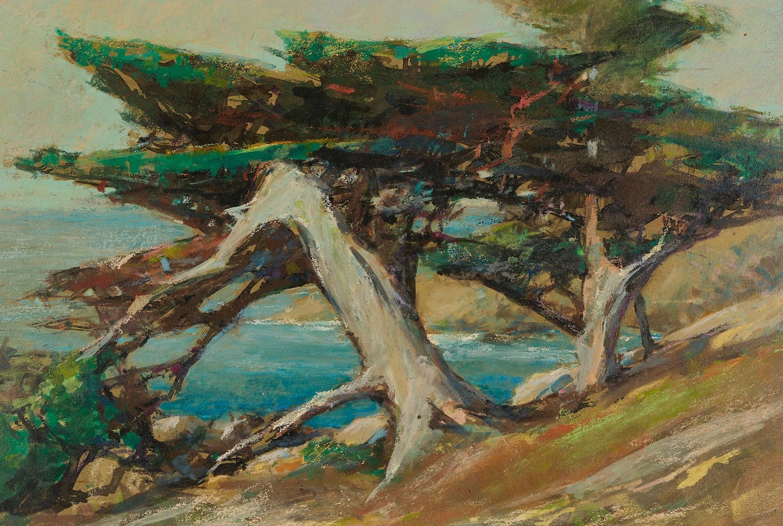 Artwork by Stephen Thomas, 2 Western Paintings Incl. Stephen Hennessy, Monterey Cypress & Moose, Made of Silvered Wood