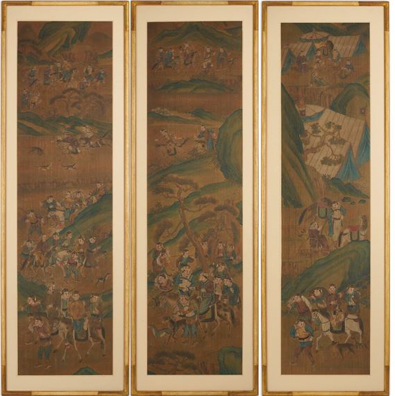 3 Chinese Framed Scrolls incl. Mongolian Hunting Scenes by Chinese School, 19th century