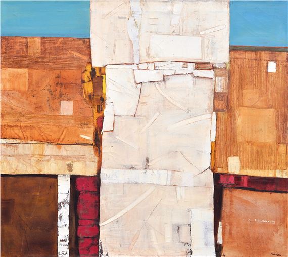 A geometric composition of layered rectangular forms in warm earth tones against a cool blue background.