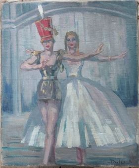 A theatrical scene featuring two figures in costume against a soft blue background.